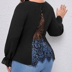 Boho black plus size lace back  blouse